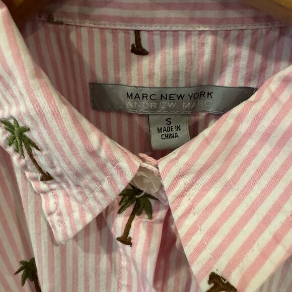 Marc New York Pink Stripe Button Down Tie Palm Tree Shirt Womens S - Picture 2 of 4